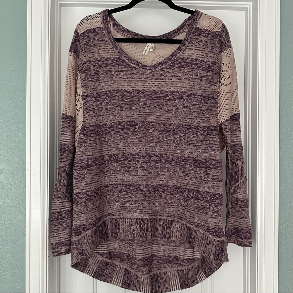 Free People‎ WE THE FREE Purple Striped Pointelle Boho Lagenlook Oversized Top